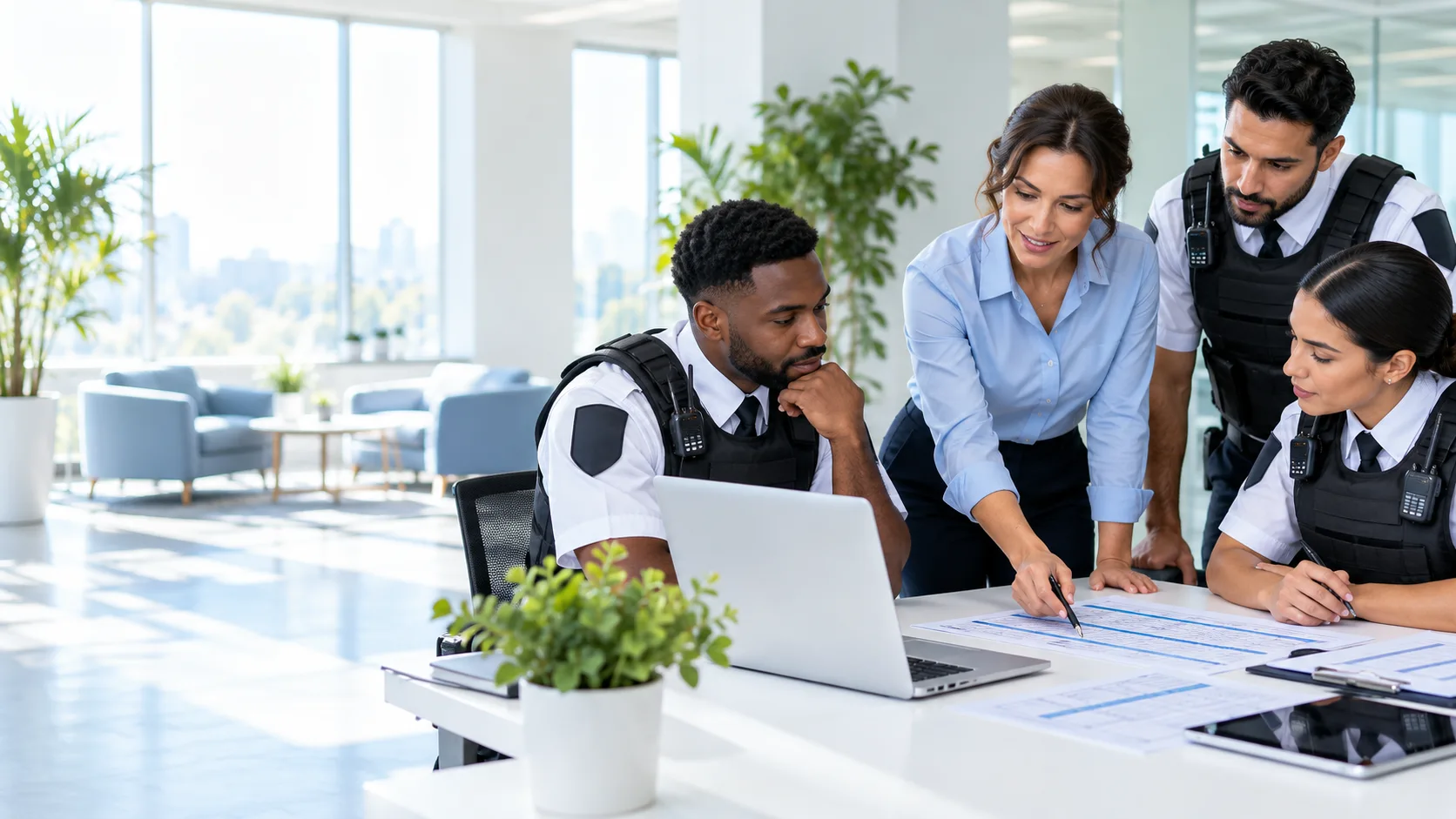 Security team reviewing their work schedule together